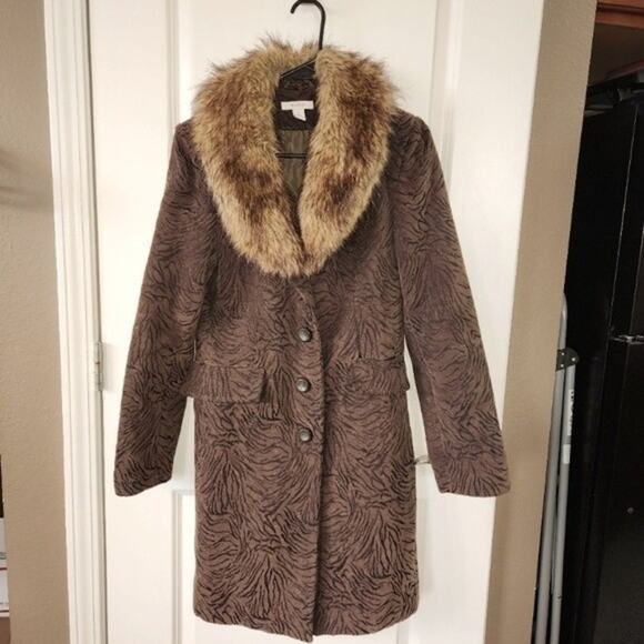 DRESS BARN Olive Green Black Zebra Animal Print Faux Fur Peacoat Small  Mob Wife - Picture 1 of 12